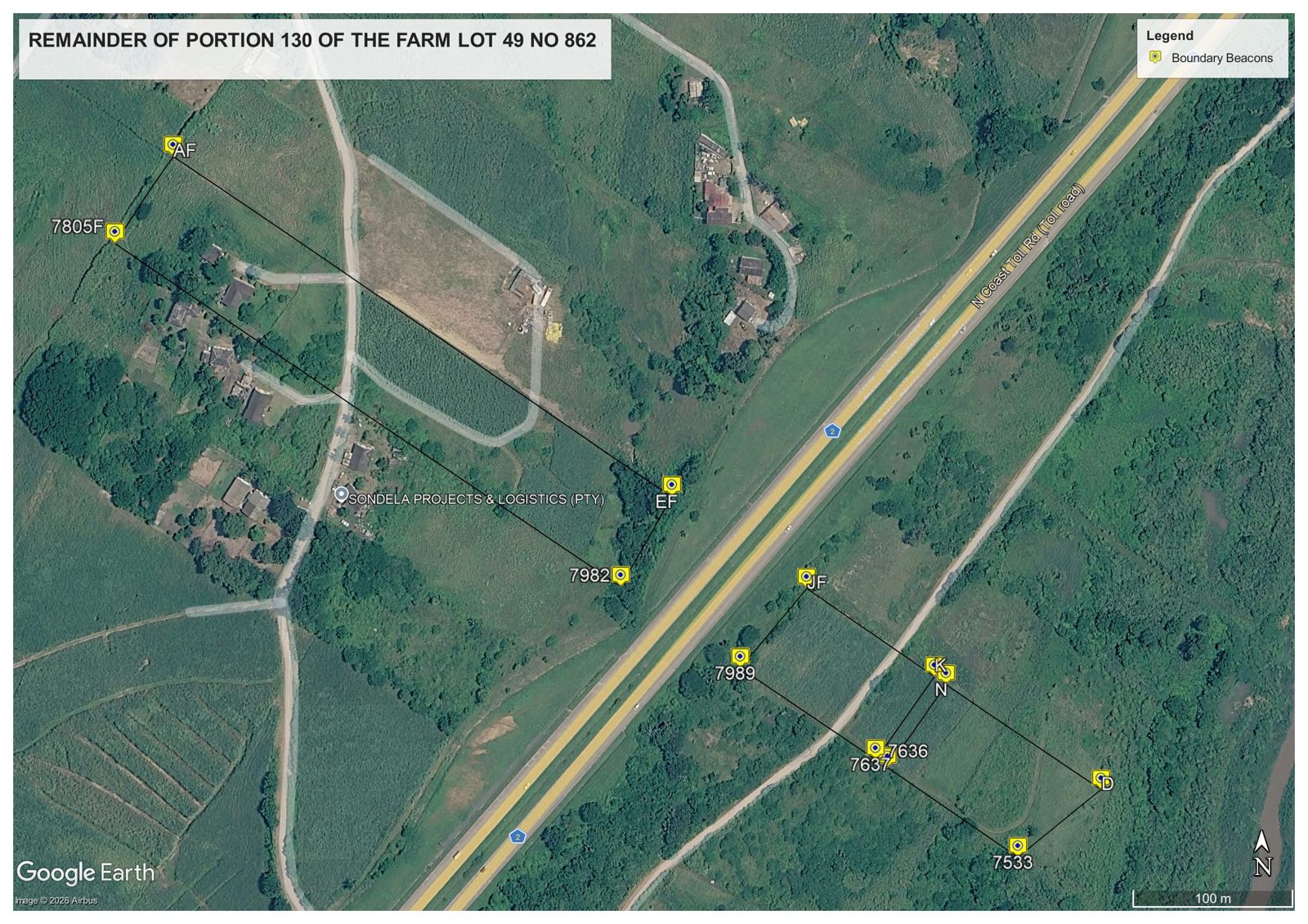 Google Earth aerial photo of Remainder of Portion 130 of the Farm Lot 49 No. 862. Two parcels of land sit either side of the N2 North Coast toll road: a long, narrow parcel to the north-west (beacons AF, 7805F, EF and 7982) and a smaller parcel to the south-east (beacons JF, K, N, D, 7533, 7636, 7637 and 7989). Yellow markers show the surveyor's boundary beacons, joined by black boundary lines. The allotment plots cover both parcels.